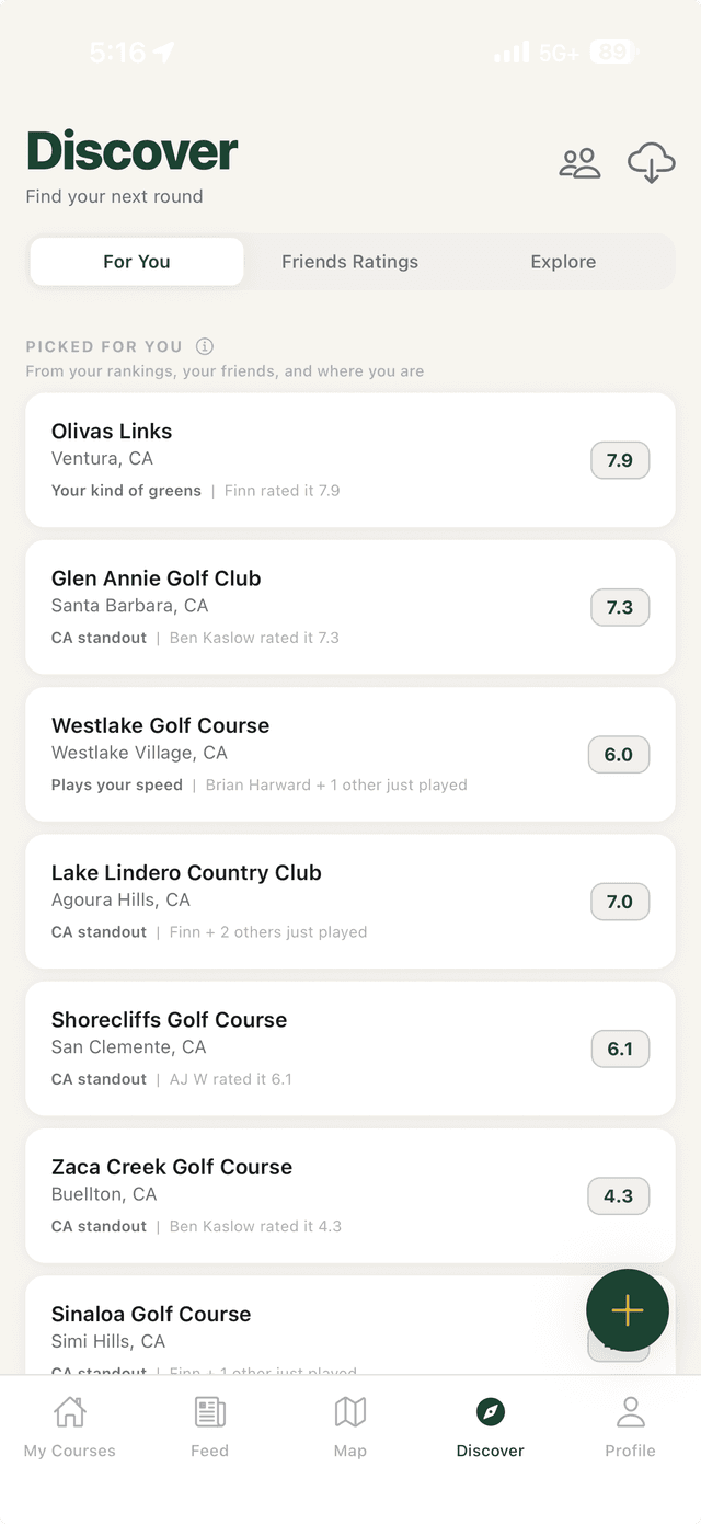 Teers Discover — Find your next round. For You picks: Olivas Links 7.9, Glen Annie 7.3, Westlake 6.0, Lake Lindero 7.0, Shorecliffs 6.1 — with friend-rating and locality context
