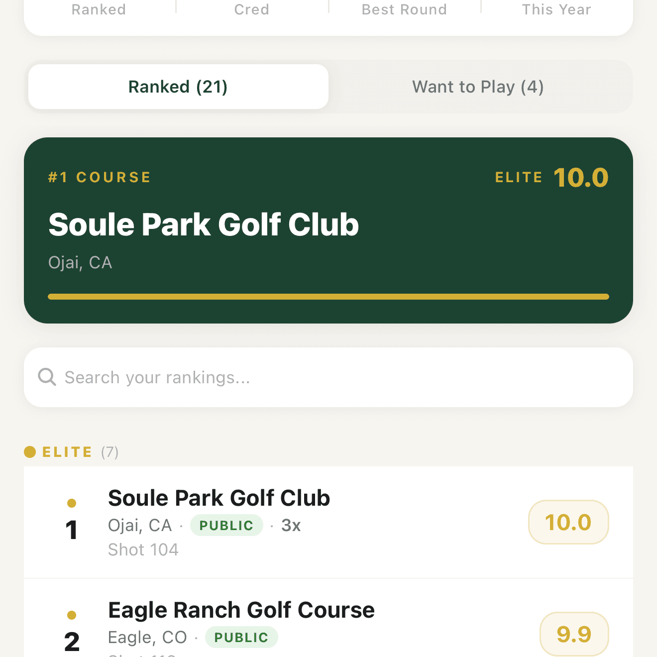Soule Park Golf Club ranked #1 Elite at 10.0, with the Elite tier list showing Eagle Ranch and other top courses