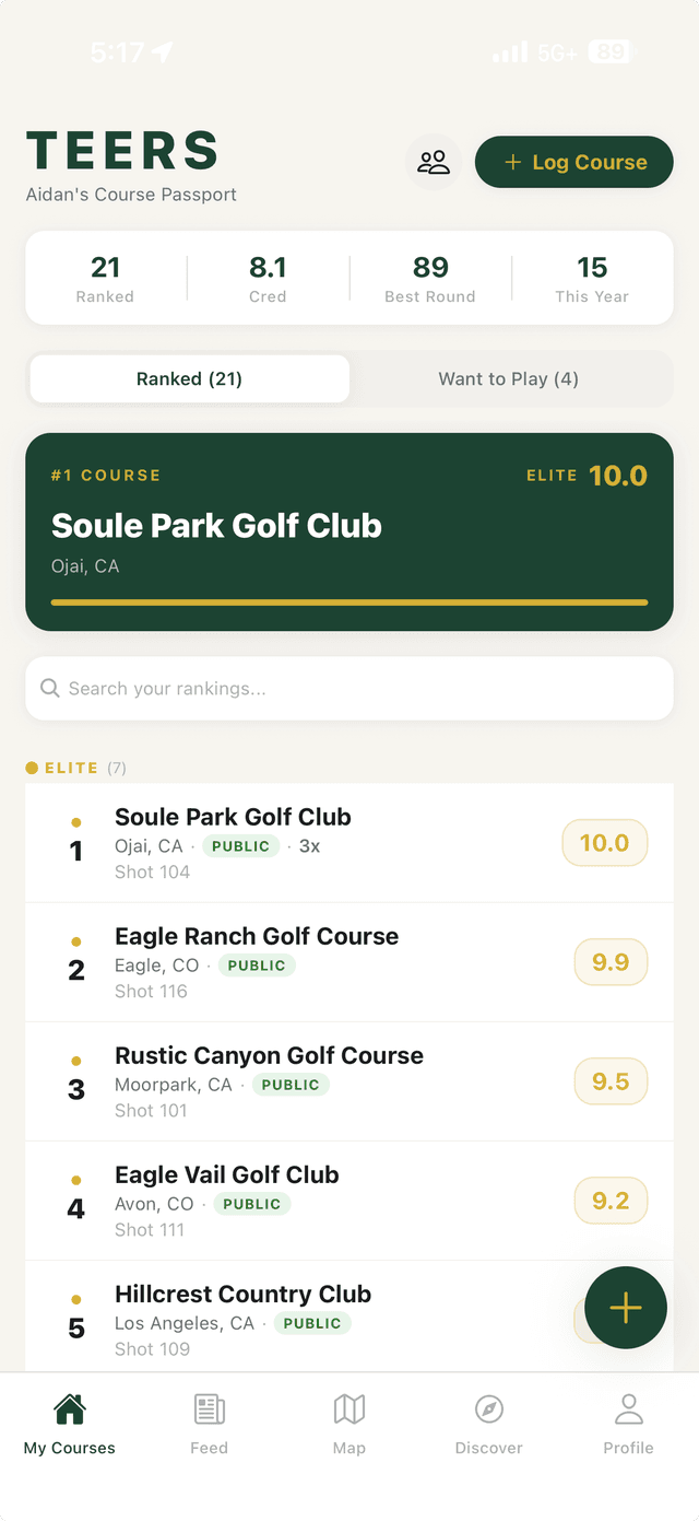 Teers My Courses ledger — 21 ranked, 8.1 Cred, best round 89, Soule Park Golf Club #1 at 10.0, Eagle Ranch 9.9, Rustic Canyon 9.5, Eagle Vail 9.2, Hillcrest 8.9